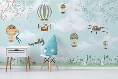 Воздушные мечты» — милые обои для детской со зверушками на воздушных шарах  и ретро-самолётах. Обои на заказ - печать бесшовных дизайнерских обоев для  стен по своему рисунку