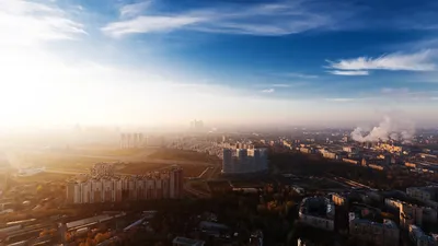 Обои Москва, город, вид сверху, фабрика, дым, здания, утро, солнце  2560x1600 HD Изображение