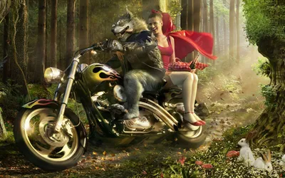 Скачать обои мотоцикл, волк, красная шапочка, motorcycle, wolf разрешение  1680x1050 #10674