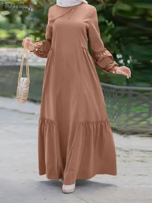 Однотонное мусульманское платье ZANZEA с круглым вырезом и длинным рукавом  длиной до щиколотки, женская модная повседневная элегантная одежда из Турции,  хиджаб | AliExpress