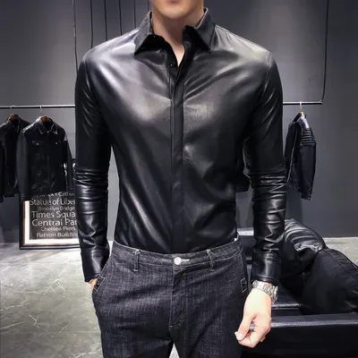Классические мужские трендовые кожаные рубашки, Мужская Корейская  приталенная камиза, Мужская черная классическая рубашка, мужская верхняя  одежда, пальто | AliExpress
