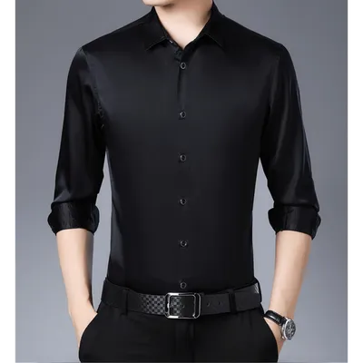 Купить черную мужскую рубашку из натурального шелкового стрейч-атласа с  длинным рукавом