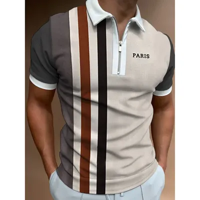 Brand Men's Polo shirt Fashion Stripe Stitching Casual Lapel Zipper Summer  Men's Short Sleeve Slim Figure Breathable Polo shirt