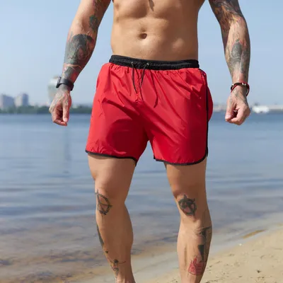 Мужские короткие шорты пляжные для аквапарка купания и плавания  быстросохнущие красные с черным (ID#1886216142), цена: 349 ₴, купить на  Prom.ua