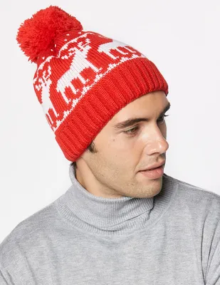 Мужская красная шапка с оленями - купить в интернет-магазине Теплые звери  70001 - tepliezveri.ru