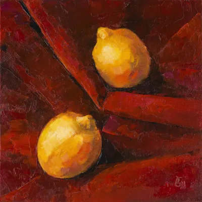Натюрморт с жёлтыми лимонами на красной драпировке» | Пикабу