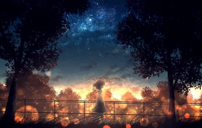 Обои трава, деревья, ограда, Япония, девочка, школьница, прогулка, боке,  вечернее небо, на фоне неба, звездное ночное небо картинки на рабочий стол,  раздел арт - скачать
