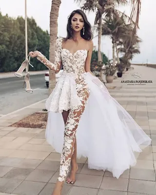Дизайнерские Свадебные Платья 2020, комбинезоны со съемной юбкой, кружевное  женское платье с длинным рукавом | AliExpress