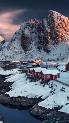Обои Норвегия, 4k, HD, деревня, снег, village, 4k, HD wallpaper, Hamnoy,  Norway, sunset, water, Природа #203