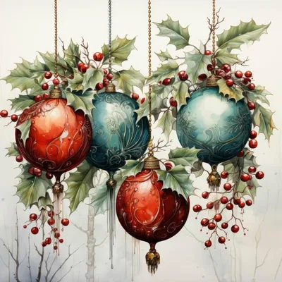 Рождественские украшения, подарки и украшения, иллюстрированные акварелью  на белом фоне | Премиум Фото