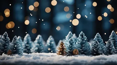 Заснеженный пейзаж с рождественской елкой и огнями на заднем плане. |  Премиум Фото