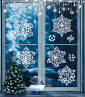 Новогодние наклейки на окна и стены \"Снежинки сказочные\", для декора на  новый год, двусторонние, размер листа 23,7х33 см - где купить в Москве