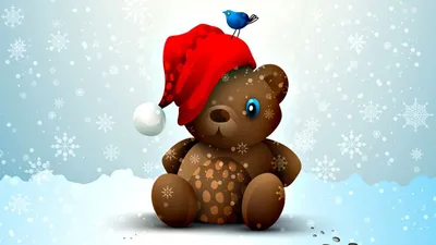 Обои на рабочий стол Рисунок плюшевого медвежонка с новогоднем колпачке, на  мишке сидит маленькая синяя птичка, на земле лежит снег и кружат большие  снежинки, обои для рабочего стола, скачать обои, обои бесплатно