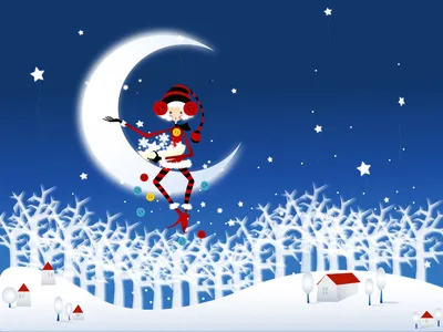 Обои на рабочий стол Белокурая эльфийка в новогоднем костюме сидит на  месяце и разбрасывает снежинки, звёздочки и пуговицы, обои для рабочего  стола, скачать обои, обои бесплатно