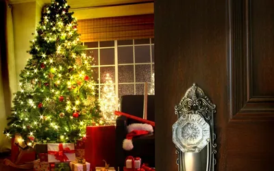 Обои на рабочий стол В доме новогодняя елка, подарки и старинные часы, обои  для рабочего стола, скачать обои, обои бесплатно