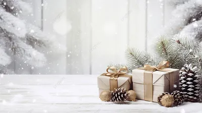 рождественские подарки на белом деревянном фоне с елкой и сосновыми  шишками, рождественская композиция, рождественский стол, Рождественский лес  фон картинки и Фото для бесплатной загрузки