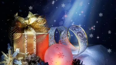 Картинки новогодняя, композиция, новый  год,праздник,подарок,коробка,шар,лента,шишки,звезда,снег,снежинки,фон,зима  - обои 1920x1080, картинка №79404