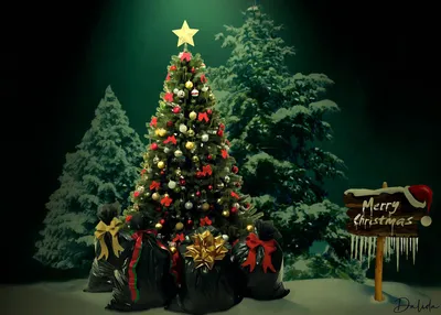 Обои на рабочий стол Красивая новогодняя елка с подарками под ней и дощечка  с надписью Merry Christmas / С рождеством, by Dalidas-Art, обои для  рабочего стола, скачать обои, обои бесплатно