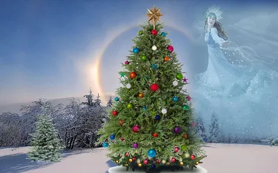 Обои на рабочий стол Новогодняя елка на фоне неба со снегурочкой, обои для  рабочего стола, скачать обои, обои бесплатно