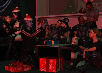 Новогодняя вечеринка, девушки и юноши среди коробок с подарками в  затемненной комнате, некоторые в шапке деда мороза - обои на рабочий стол