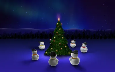 Снеговики под ёлкой в новогоднюю ночь - обои на рабочий стол