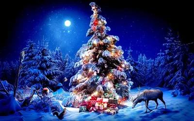 Картинки красивая елка, гирлянды, подарки, звери, лес, снег, новогодняя  ночь - обои 1680x1050, картинка №199651