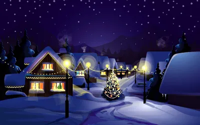 Новогодняя ночь в зимней деревне - обои на рабочий стол