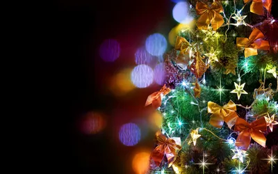 Обои Новогодняя елка, разноцветные огоньки, блеск 2880x1800 HD Изображение
