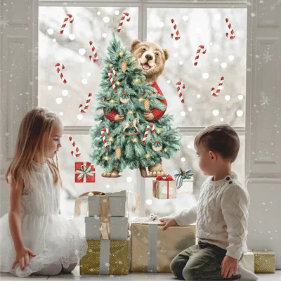 Наклейки на окна новогодние \" Медведь и елка \" декоративные цветные ,  новогодние украшения для дома купить по выгодной цене в интернет-магазине  OZON (348341331)