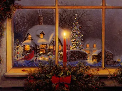 Обои на рабочий стол В окно виден дом в снегу и новогодняя елка. На окне  рождественская свеча, обои для рабочего стола, скачать обои, обои бесплатно