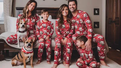 четыре семьи в рождественских пижамах сидят на кровати с собакой, семейная  рождественская пижамная картинка, семья, девочка фон картинки и Фото для  бесплатной загрузки