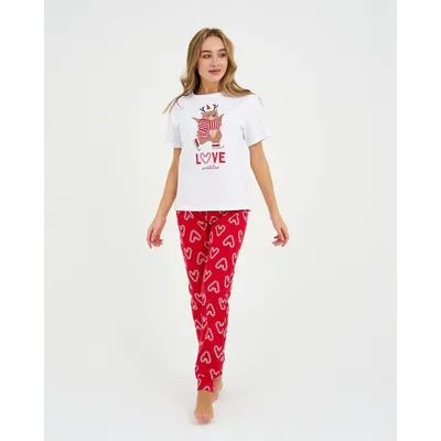 Пижама новогодняя женская (футболка и брюки) KAFTAN \"Love\", цвет  белый/красный, размер 52-54 7291359 купить в Симферополе, Крыму • Цена на  TOPSTO
