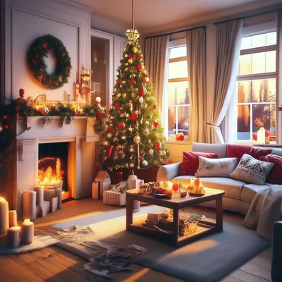 Уютная комната, новогодняя елка, …» — создано в Шедевруме