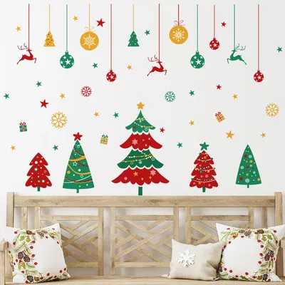 Счастливого Рождества, дневная елка, колокольчики, снежинки, наклейка,  съемные Самоклеящиеся Виниловые Настенные обои для гостиной, новогодние обои  | AliExpress