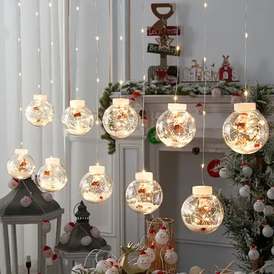 ᐉ Гирлянда новогодняя Дед Мороз LED шарики с игрушкой теплый 3 м 10 шаров  Белый (4078TB)
