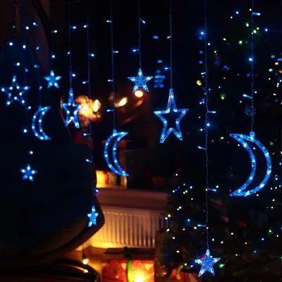 Новогодняя светодиодная гирлянда штора Baziator Месяц и звезда GH0010 3м  синий 3+3+6 - отзывы покупателей на Мегамаркет