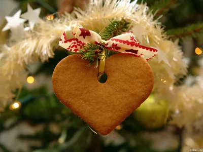 Пряник-сердечко на елке: новогодние обои, картинки, фото 1600x1200