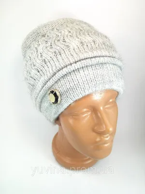 Женская вязаная теплая шапка с брошью Объемные шерстяные женские шапки  осень зима Серая (ID#1703132164), цена: 882 ₴, купить на Prom.ua
