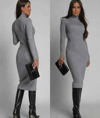 Теплое женское платье под горло облегающее с длинными рукавами ниже колен  миди 40-42 44-46 48-50 52-54 серое (ID#2027382329), цена: 778 ₴, купить на  Prom.ua