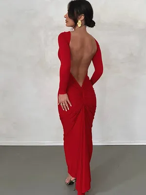 Однотонное сексуальное Плиссированное длинное соблазнительное облегающее  платье с открытой спиной, женские платья до пола с длинным рукавом, летние облегающие  платья для ночного клуба | AliExpress