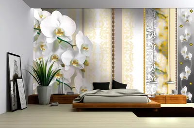 Купить 3 д обои в спальню цветы 368x254 см Орхидеи и желтый узор (1304P8),  цена 899 грн — Prom.ua (ID#743997137)