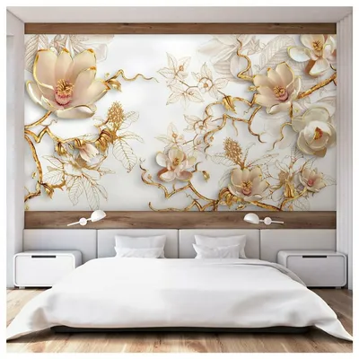 Фотообои Ветви под золото с белыми 3D цветами на белом фоне/ Красивые  уютные обои на стену в интерьер комнаты/ 3Д расширяющие пространство над  кроватью или над столом/ На кухню в спальню детскую