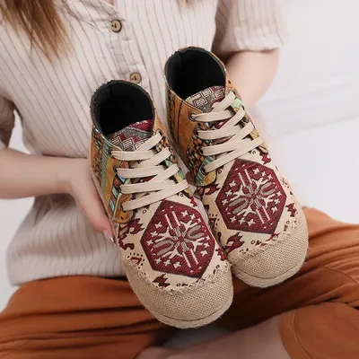 Women Shoes Boho Cotton Linen Canvas Single National Woven Round Toe Lace  Up Cloth Shoes Woman Casual Flat Booties Shoes Size 40 - AliExpress