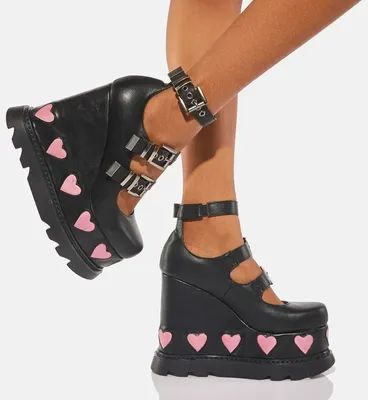 LAMODA Yours Sincerely Heart Platform Mary Janes Wedges Shoes Black Pink 6  | eBay