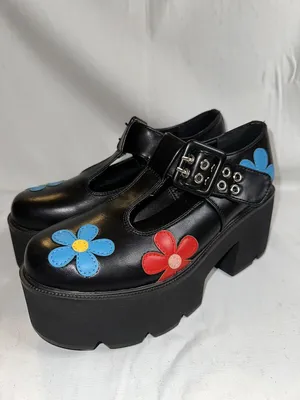 Lamoda Platform Mary Jane Buckle Black W/ Flowers Womens Shoes sz 7 WORN  ONCE | eBay