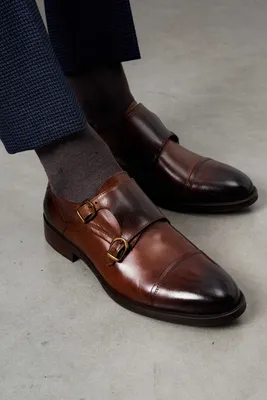 Туфли мужские дабл-монки коричневые, с отрезным мысом и декоративной  строчкой - купить по выгодной цене в магазине Keyman