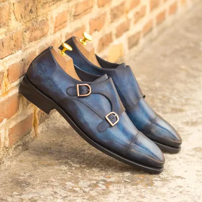 Dark Blue Patina Leather Monk Shoes - For Men - KLEINFELT by Civardi