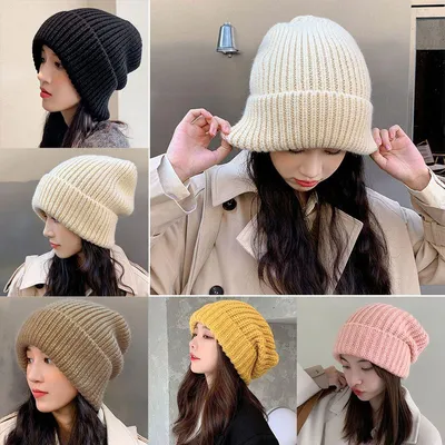 Купить Твердые милые зимне-осенние шапки, разноцветные женские шапки-бини,  новые вязаные шапочки на открытом воздухе | Joom