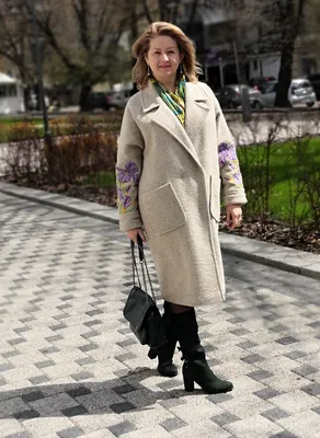 Стильное женское пальто баллон бежевое двубортное из шерстяной ткани \"лама\"  с вышивкой (ID#1405552882), цена: 6400 ₴, купить на Prom.ua