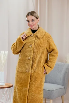 Пальто из овчины керли в стиле \"teddy bear coat\" арт. К-25 цвет синий.